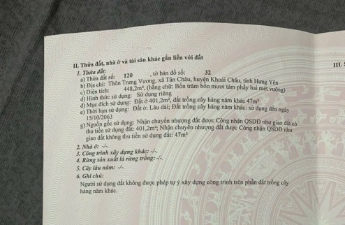 Bán đât Tân châu khoái châu 448m gần đường di sản ,giáp quy hoạch sân Gold giá chỉ vài tr/m